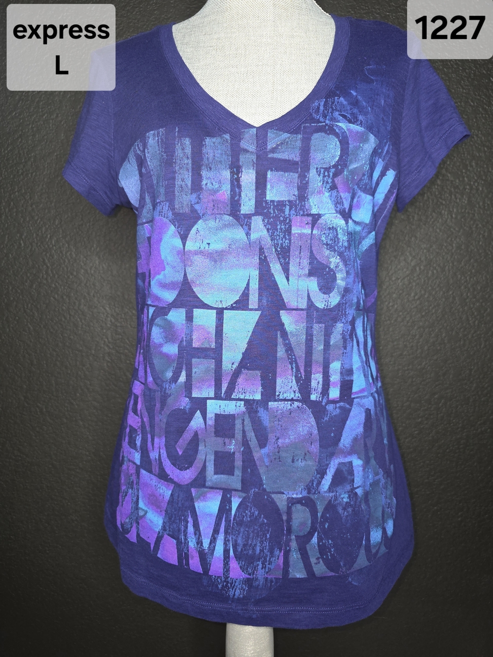 Express Vintage Purple Short-Sleeve V-Neck Tee with Blue-Purple Graphic